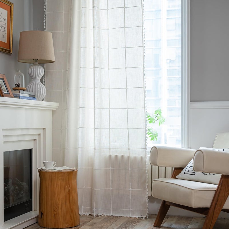ColorBird White Window Curtains, 2 Panels 63 Inch Farmhouse Window Curtains for Living Room, Embroidery Lattice Linen Darkening Curtain for Dining Bedroom - Image 2